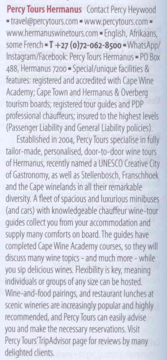 Percy Tours in Hermanus is listed in the John Platter wine book of South Africa