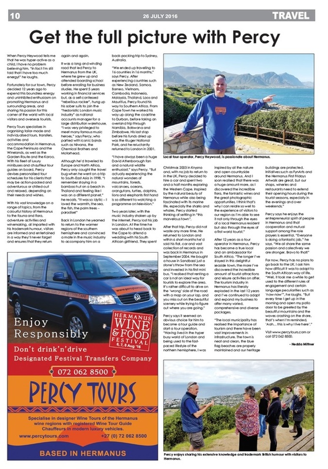 Percy Tours featured in recent Hermanus Newspaper article